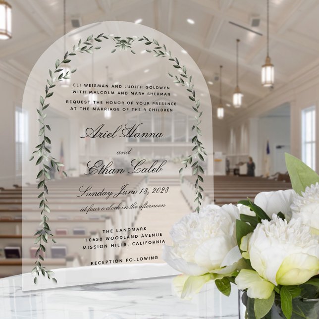 Laurel Leaf Archway Elegant Wedding Acryleinladungen (Acrylic Green Laurel Leaf Wedding Invite)