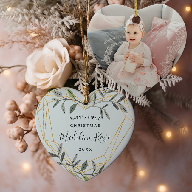 Laurel Leaf Baby's First Christmas Foto Keramik Ornament (Von Creator hochgeladen)