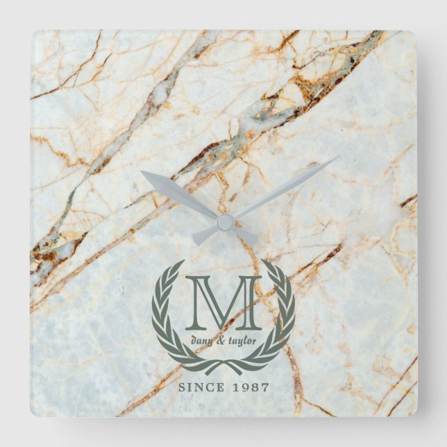 Laurel Leaf Classic Monogram Schöner Marmor Quadratische Wanduhr (Vorderseite)