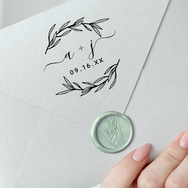 Laurel Leaf Couples Monogram Save the Date Gummistempel (Laurel Leaf Script Couples Monogram Save The Date Rubber Stamp)