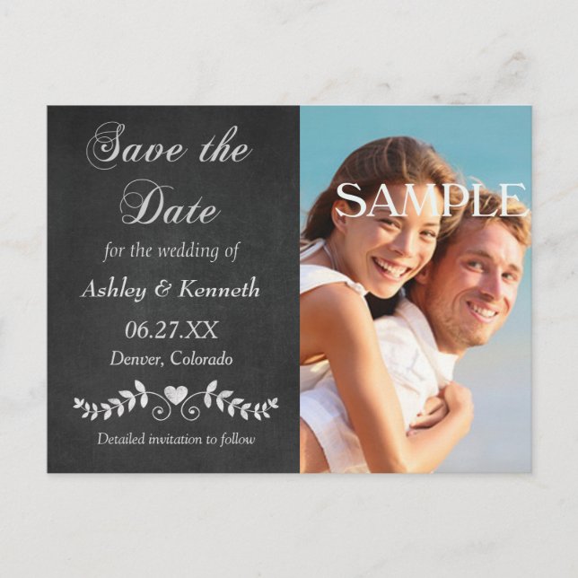 Laurel Leaf Heart Chalkboard Save the Date Postkarte (Vorderseite)