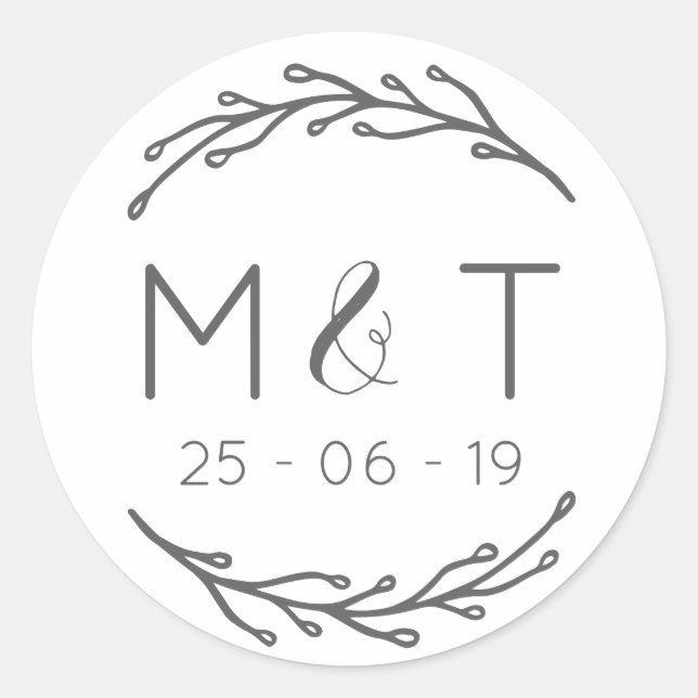 Laurel Leaf Initials & Date Wedding Stickers (Vorderseite)