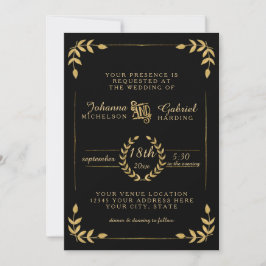 Laurel Leaf Moderne Typografie Black Gold Wedding Einladung