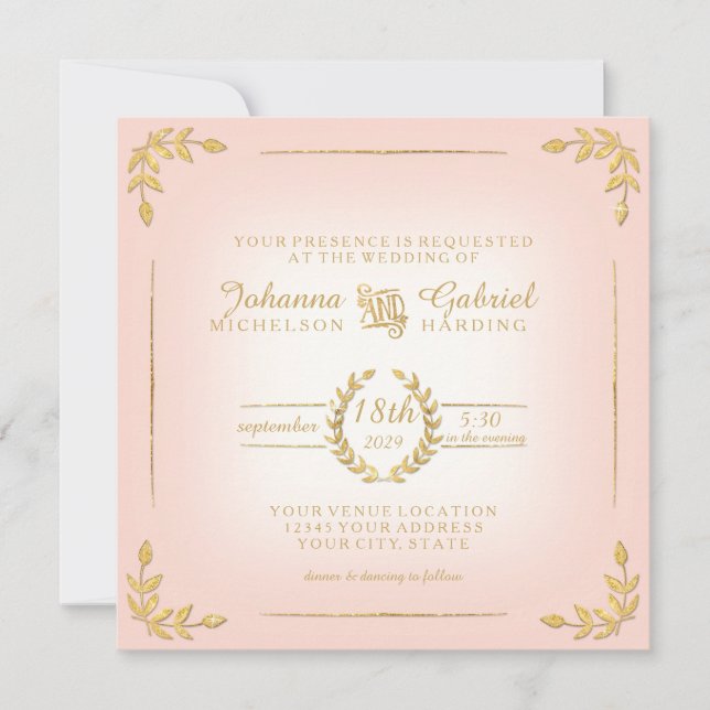 Laurel Leaf Pink Gold Typografie Moderne Hochzeit Einladung (Vorderseite)