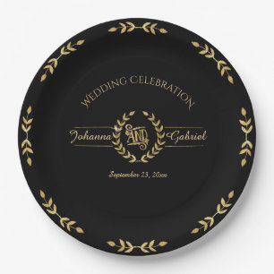 Laurel Leaf Wreath Wedding Celebration Black Gold Pappteller