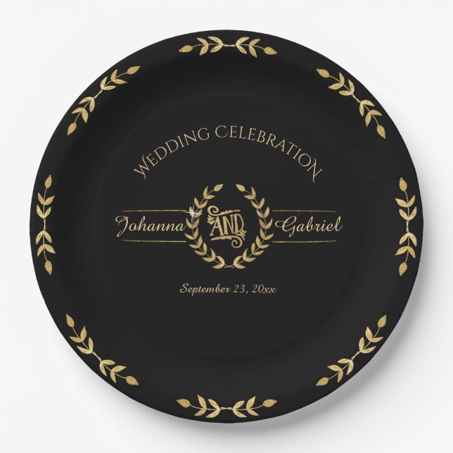 Laurel Leaf Wreath Wedding Celebration Black Gold Pappteller (Vorderseite)