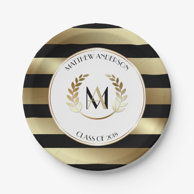 Laurel Mit Monogramm Black and Gold Graduation Par Pappteller (Vorderseite)