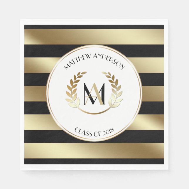 Laurel Mit Monogramm Black and Gold Party Serviette (Vorderseite)