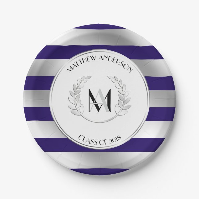 Laurel Mit Monogramm Silver und Blue Grad Party Pappteller (Vorderseite)