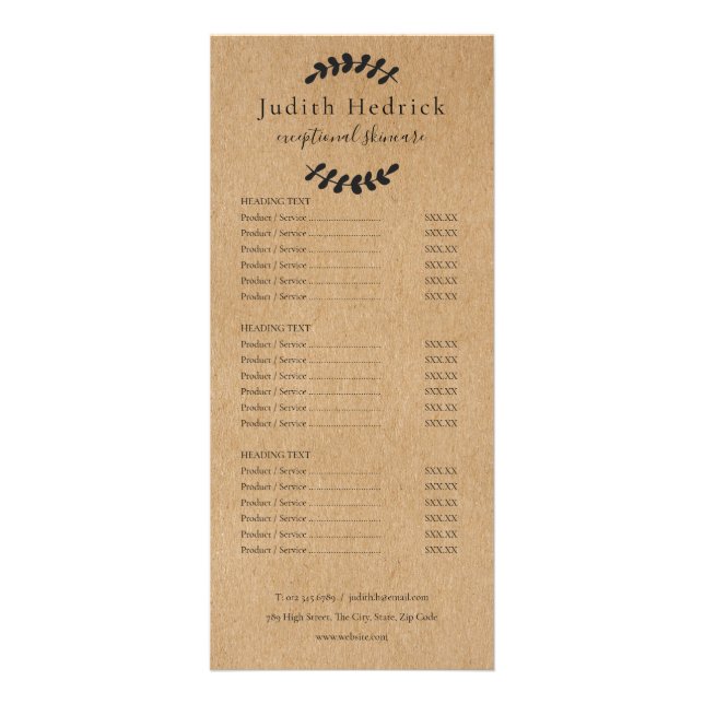 Laurel Verlasse Rustic Kraft Salon Service Menu Werbekarte (Vorne)