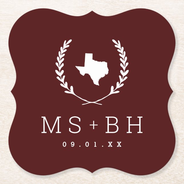 Laurel Wappen Texas Wedding Monogram | Burgund Untersetzer (Vorderseite)