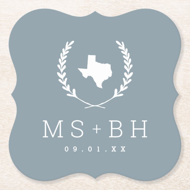 Laurel Wappen Texas Wedding Monogram | Dusty Blue Untersetzer (Vorderseite)