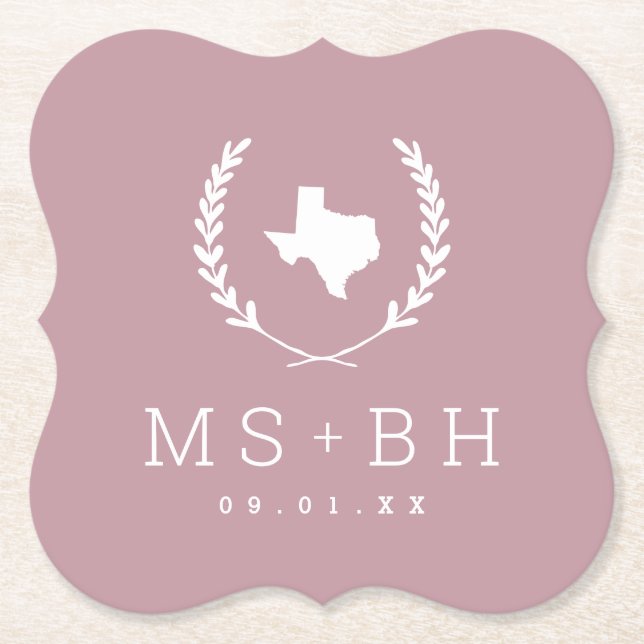 Laurel Wappen Texas Wedding Monogram | Mauve Untersetzer (Vorderseite)
