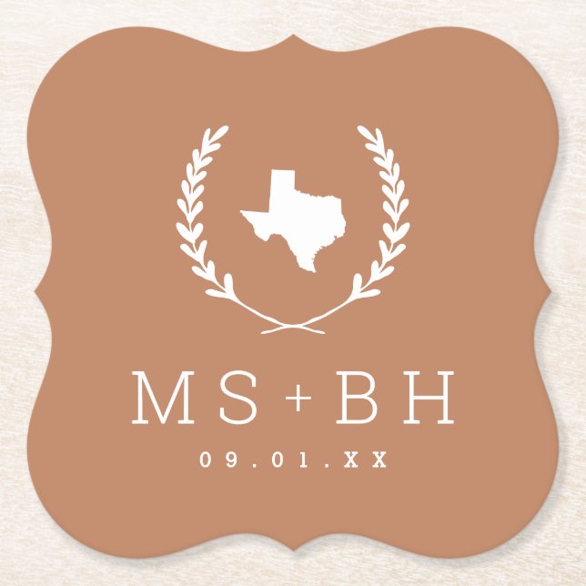 Laurel Wappen Texas Wedding Monogram | Terra Cotta Untersetzer (Vorderseite)