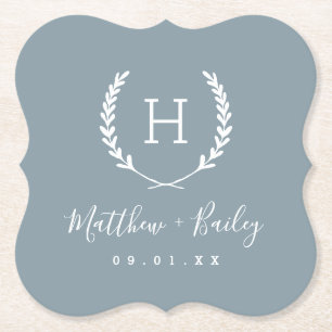 Laurel Wappen Wedding Monogram   Dusty Blue Untersetzer
