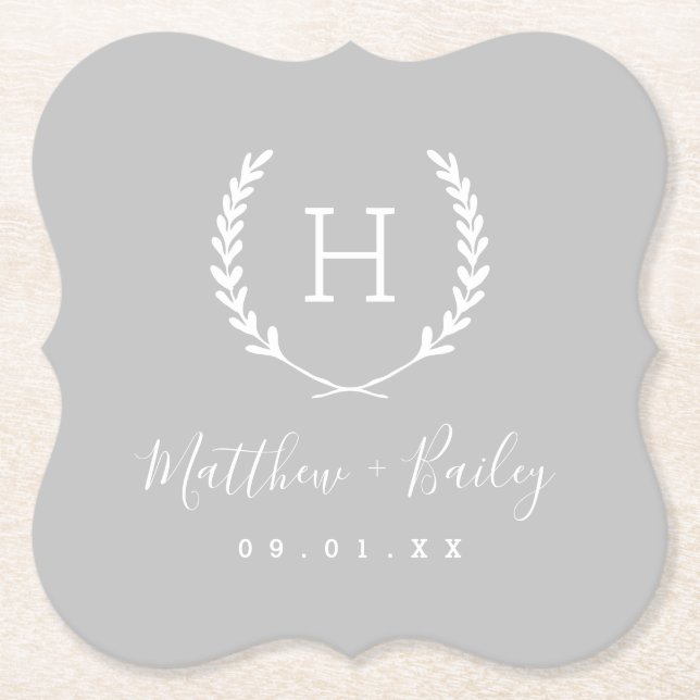 Laurel Wappen Wedding Monogram | Grau Untersetzer (Vorderseite)
