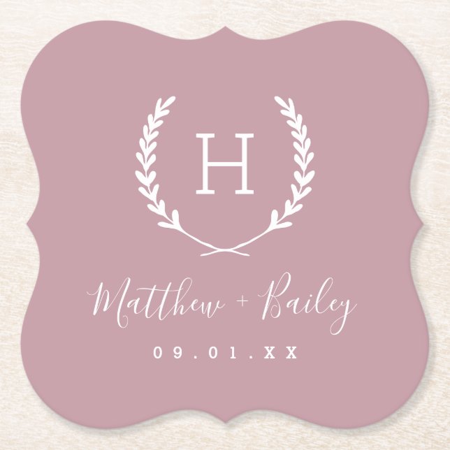 Laurel Wappen Wedding Monogram | Mauve Untersetzer (Vorderseite)