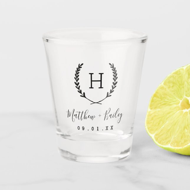Laurel Wappen Wedding Monogram Schnapsglas (Vorderseite)