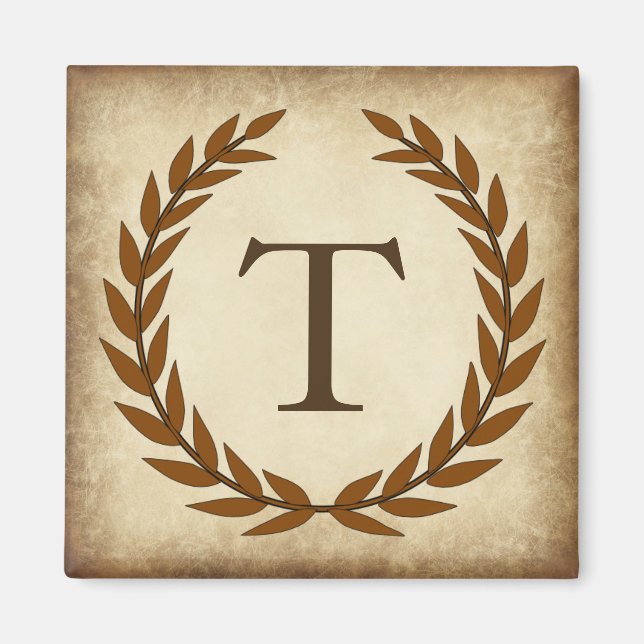 Laurel Wreath Aged Papyrus Monogram Initial T Magnet (Vorne)