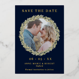 Laurel Wreath auf Navy Foto Wedding Save the Date Folieneinladung