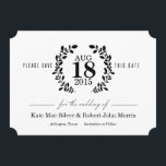 Laurel Wreath Black & White Nonphoto Save the Date<br><div class="desc">Diese Schwarz-Weiß-Hochzeit ohne Foto speichert das Datum Ihrer Hochzeit in einem eleganten Lorbeerkranz mit Blätter und Naturakzenten. Die Rückseite weist ein kleines Schwarzweiß-Punkt-Muster auf. Verwenden Sie diese Hochzeit speichern Sie das Datum für Ihre elegante schwarz-weiße Hochzeit oder jedes andere Hochzeitthema.</div>