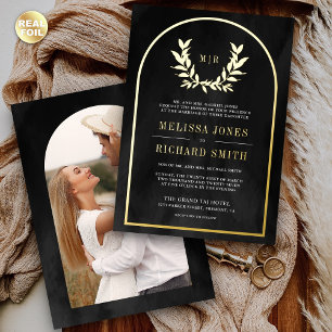 Laurel Wreath Blätter Charcoal Gray Wedding Gold Folieneinladung