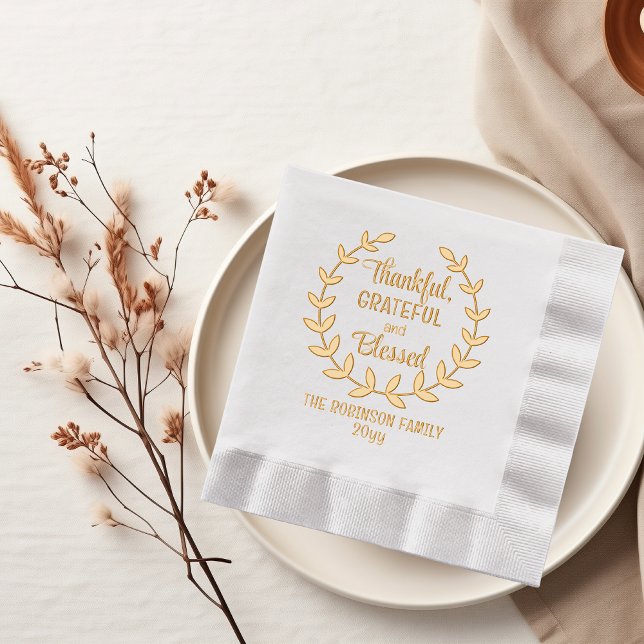 Laurel Wreath dankbar und gesegnet Familie Servietten Mit Folie (Thanksgiving "Thankful, Grateful and Blessed" Family Name and Year Stamped Foil Napkins)