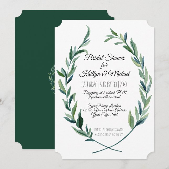 Laurel Wreath Leaf Foliage Monogram Couples Dusche Einladung (Vorne/Hinten)