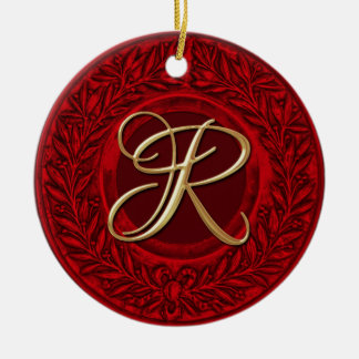 Laurel Wreath mit Gold Monogram in Red Keramik Ornament