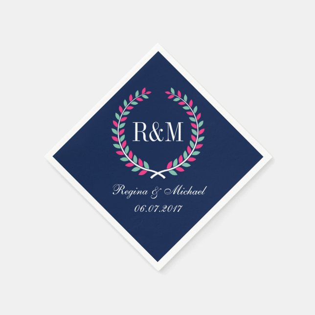 Laurel Wreath Monogram Wedding Napkin Navy Blue Serviette (Ecke)