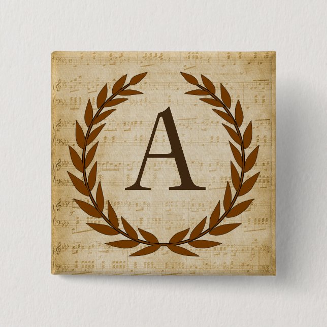 Laurel Wreath Sheet Music Monogram Initial A Button (Vorderseite)