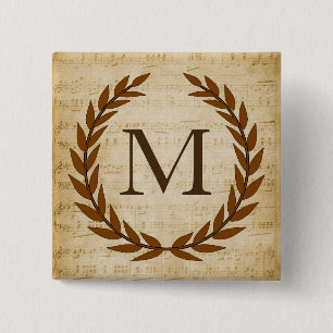 Laurel Wreath Sheet Music Monogram Initial Button