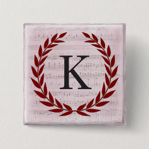 Laurel Wreath Sheet Music Monogram Initial K Button