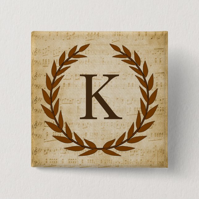 Laurel Wreath Sheet Music Monogram Initial K Button (Vorderseite)