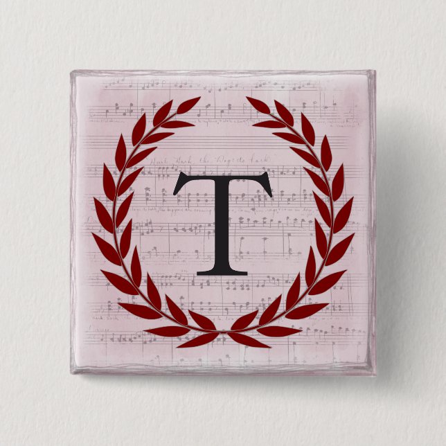 Laurel Wreath Sheet Music Monogram Initial T Button (Vorderseite)