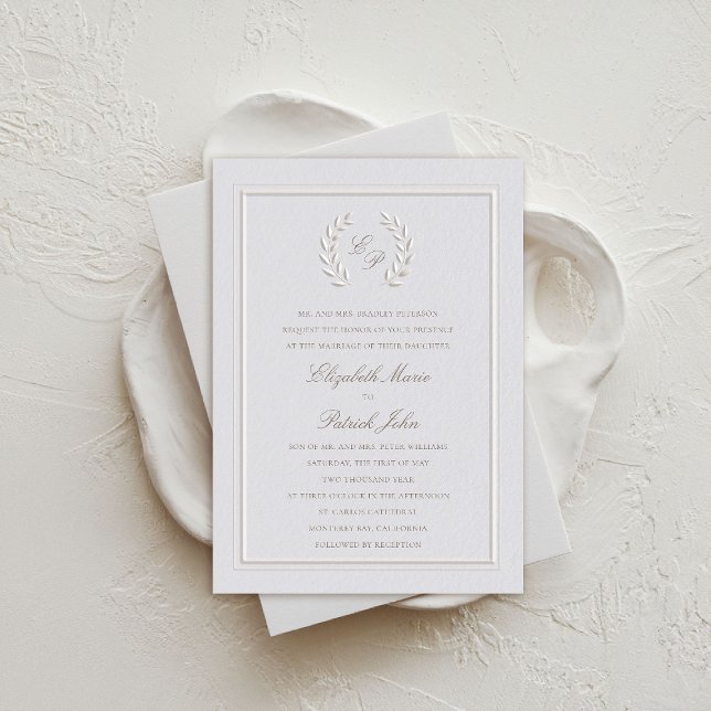 Laurel Wreath Wappen Frame Classic Formal Wedding Einladung (formal traditional wedding invitation laurel crest monograms double frame ivory cream faux embossed)