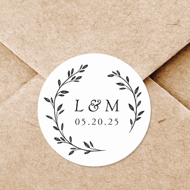 Laurel Wreath Wedding Monogram Runder Aufkleber (Von Creator hochgeladen)
