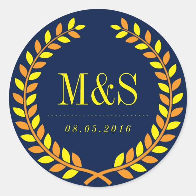 Laurel Wreath Wedding Sticker Navy Blue und Yellow (Vorderseite)