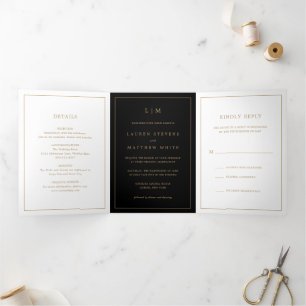Lauren Black and Gold Monogram Elegant Wedding Dreifach Gefaltete Einladung