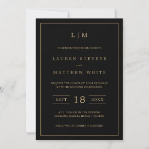 Lauren Black and Gold Monogram Elegant Wedding Einladung