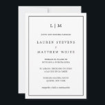Lauren Black und White Elegante Spanische Hochzeit Einladung<br><div class="desc">Einfache spanische Hochzeitseinladung mit modernem und elegantem Design mit zwei Buchstaben-Monogramm oben und Ihren Details umgeben von einer dünnen Grenze. Der gesamte Text ist schwarz, auf weißem Hintergrund und die Rückseite schwarz. Die Schriftart und Hintergrundfarben können beliebig verändert werden. Ein elegantes und stilvolles Design, das sich ideal für ein minimalistisches...</div>