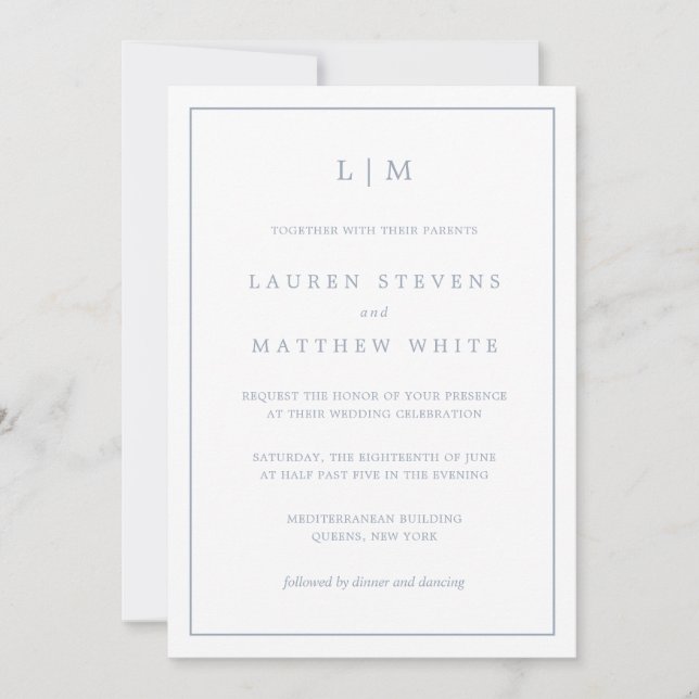 Lauren Dusty Blue Monogram Elegant Wedding Einladung (Vorderseite)