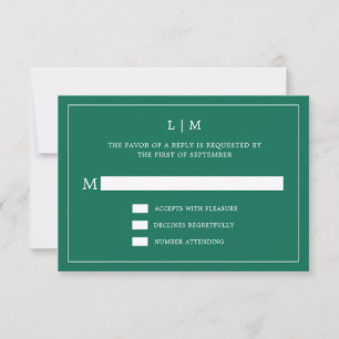 Lauren Emerald Green Monogram Elegant Wedding RSVP Karte