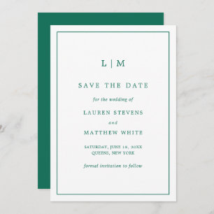 Lauren Emerald Green Monogram Elegant Wedding Save The Date