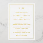 Lauren Monogram Elegant WeddingReception Folieneinladung<br><div class="desc">Einfache Hochzeitsankündigung mit Empfang-Einladung in modernem und dennoch elegantem Design mit zwei Buchstaben Monogramm oben und Ihren Details umgeben von einem dünnen Rand. Der gesamte Text und der Rand auf der Vorderseite sind in echter Goldfolie. Ein elegantes und stilvolles Design, das sich ideal für ein minimalistisches Paar eignet. Diese Einladung...</div>