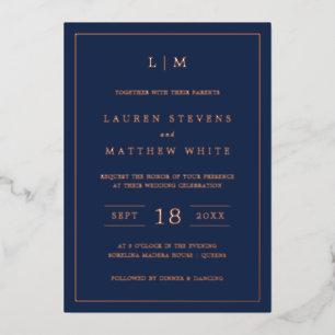 Lauren Navy Blue Monogram Elegant Wedding Folieneinladung