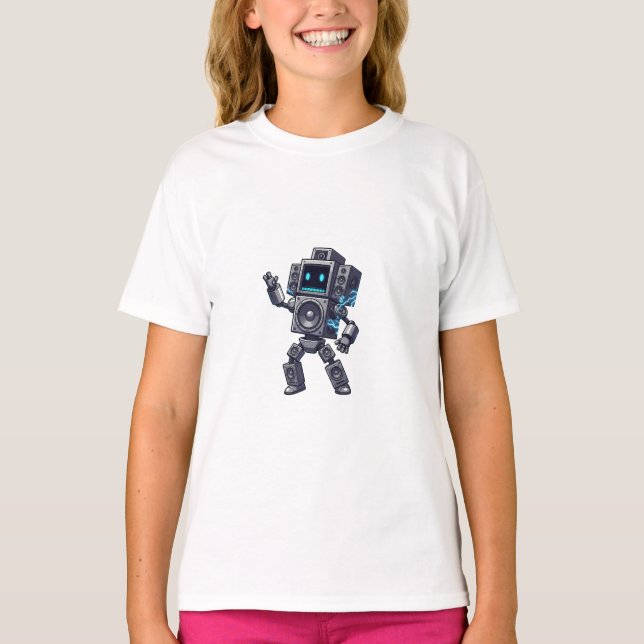 Lautsprecher-Roboter Retro-Pixel-Kinder T-Shirt (Vorderseite)