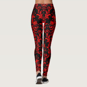 Lava Red auf Black Floral Wirbel Damask Leggings