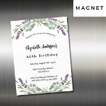 Lavaflorale zum Geburtstag Eukalyptus Magneteinladung<br><div class="desc">Ein klassischer Einladungs-Magnet für eine 40. Geburtstagsparty (oder jedes Alter). Mit Lavendelblumen und Eukalyptus-Pflanzen dekoriert. Personalisieren Sie Ihren Namen und Ihre Party-Daten und fügen Sie diese hinzu.</div>
