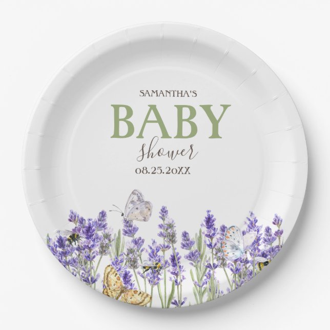 Lavander Butterflies Botanical Baby Shower Pappteller (Vorderseite)